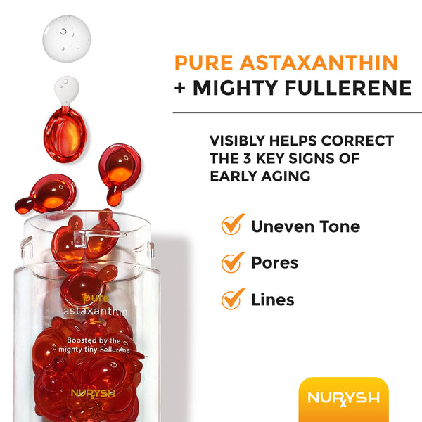 Pure Astaxanthin with Fullerene Serum Capsules for Face - Anti Aging Facial Antioxidant, Brightening with Vitamin E - Skin Care to Reduce Fine Lines, Wrinkles - 30 Capsules