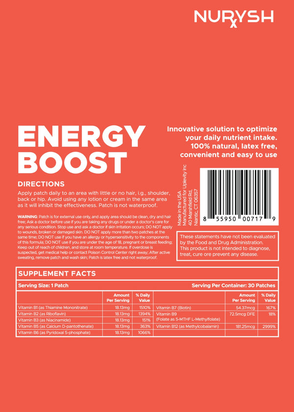 Energy Boost B12 Patch by Nurysh | 30 Topical Patches | B12 (50%) | Folic Acid | Guarana | Garcinia Cambogia | Plus Other Essential Ingredients
